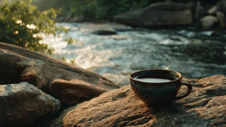 Cup of hot coffee on a rock in front of a waterfallの写真素材