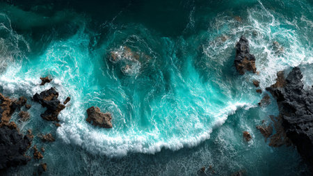 Aerial view of ocean waves crashing on the rocks. Top view