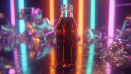 bottle on the background of multicolored neon lightsの写真素材