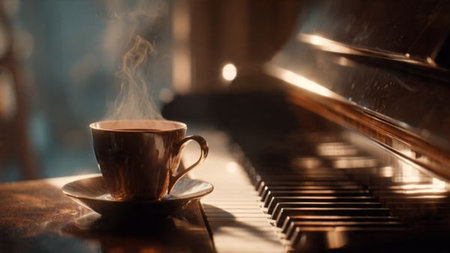 A cup of coffee on the piano. The concept of music and relaxation.