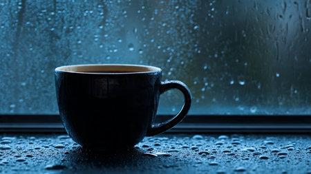 Coffee cup on the window with raindrops, rainy dayの写真素材