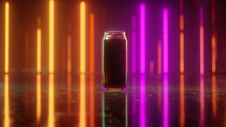 Beer can on a dark background with neon lights. 3d rendering
