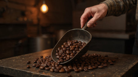 coffee beans in a scoop in the hands of a male worker
