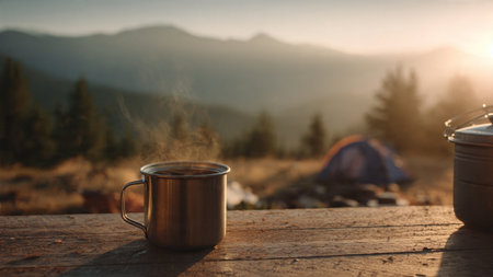 Cup of hot tea on the table in the mountains at sunset