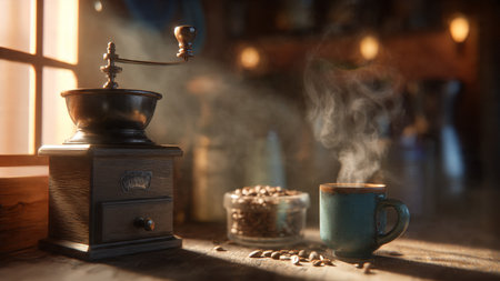 Coffee grinder with coffee beans and cup of coffee on wooden tableの写真素材