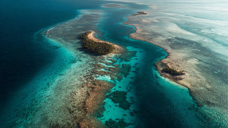 Aerial view of coral reef and lagoon with turquoise waterの写真素材
