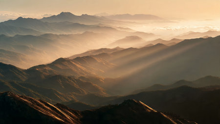 Sunset in the mountains. View from the top of the mountain.