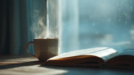 Cup of coffee and book on the windowsill. Selective focus.の写真素材