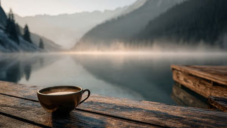 Cup of coffee on a wooden table in front of a mountain lakeの写真素材