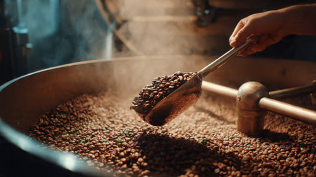 Coffee beans being processed in a coffee roasting machine.の写真素材