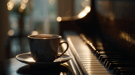 Cup of coffee and piano keys on dark background. Selective focus.