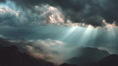 Sunbeams shining through the clouds in the mountains. 3d renderingの写真素材