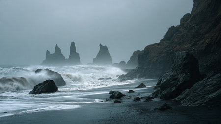 Foggy morning at Reynisfjara beach, Iceland. Toned.