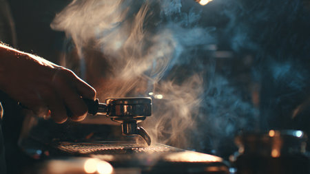 Barista is making coffee. Close-up of a professional coffee brewing machine.の写真素材