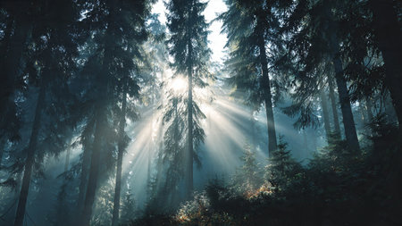 Foggy morning in the forest with sunbeams and lens flare
