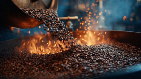 Coffee roasting process. Roasting coffee beans in a roasterの写真素材