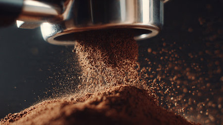 Close up of a coffee machine pouring ground coffee into a filter.の写真素材