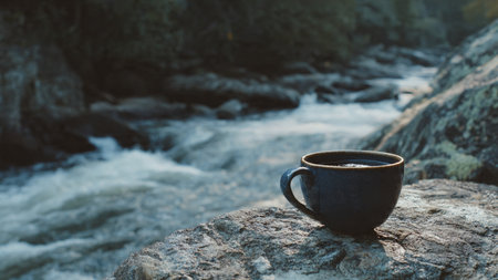 Coffee cup on rock with blurred waterfall background, vintage toneの写真素材