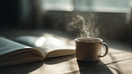 Cup of coffee and book on wooden table. Selective focus.の写真素材