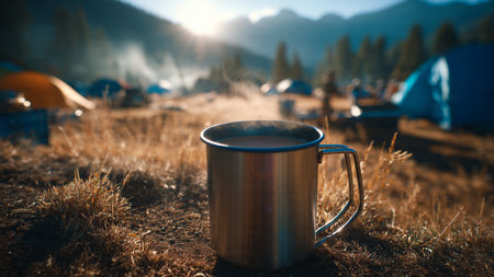 Mug of hot tea on the background of a tent in the mountainsの写真素材