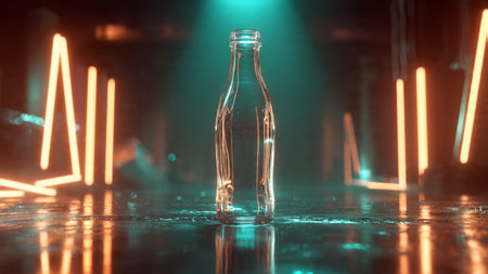 Empty glass bottle on dark toned foggy background with glowing neon lines. Selective focusの写真素材