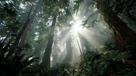 Tropical rainforest with sunbeams and fog in the morning
