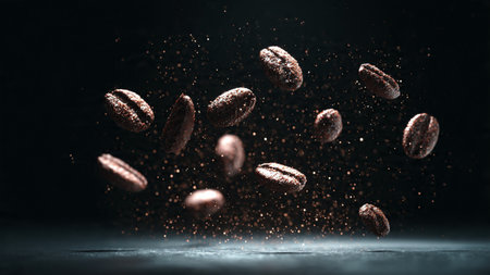 Flying coffee beans on dark background with copy space. 3d renderingの写真素材