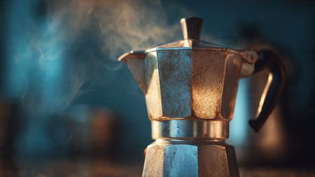 Traditional geyser coffee maker on a dark background. Selective focus.の写真素材