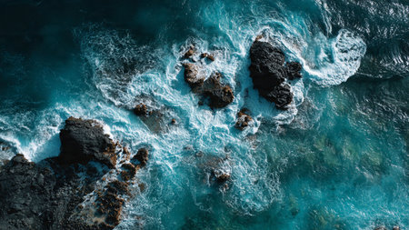 Aerial view of ocean waves crashing on rocks. Top view.の写真素材