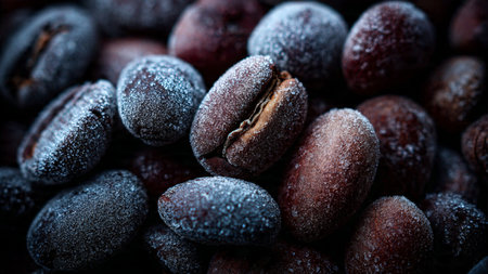 Coffee beans covered with hoarfrost. Selective focus.