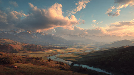 Landscape with river and mountains at sunset, Altai, Russiaの写真素材