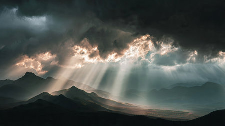 Sun rays through the clouds in the mountains. Dramatic landscape.