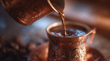 Coffee pouring from turkish coffee pot into cup, close upの写真素材