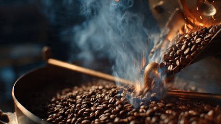 Coffee beans being roasted in a roasting pan, close-up