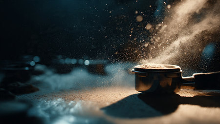 Flour spilling from a measuring cup into a pot on a dark backgroundの写真素材