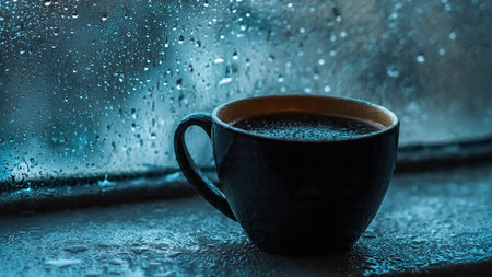 Coffee cup on rainy window background with water drops. Selective focus