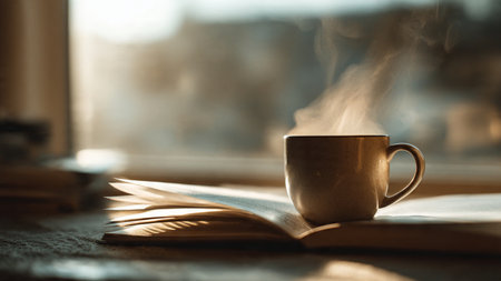 Cup of coffee and book on the windowsill. Selective focus.の写真素材