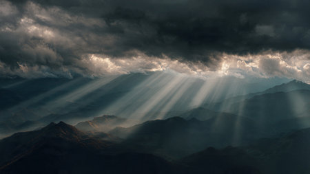 Dramatic stormy sky with sun rays and clouds over mountainsの写真素材
