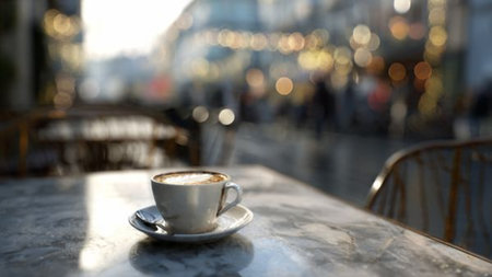 Coffee cup and beans on grey stone background, top viewの写真素材
