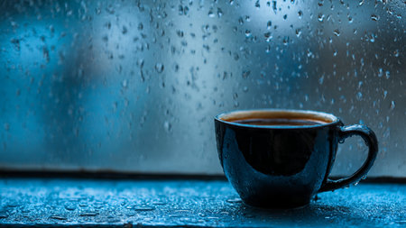 Cup of coffee on rainy day. Shallow DOF.の写真素材