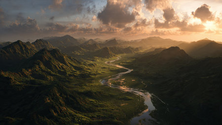 Aerial view of a mountain landscape with a river at sunset.