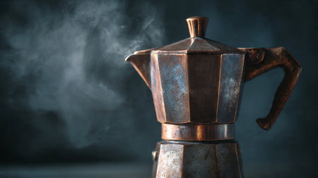 Vintage coffee maker on a dark background with smoke, close upの写真素材