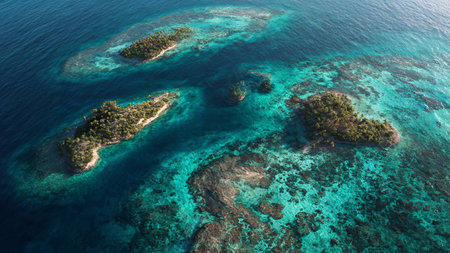Aerial view of tropical island with coral reef and turquoise sea
