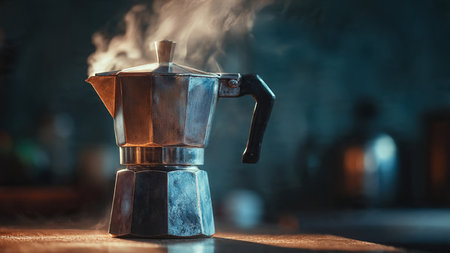 Coffee maker with smoke on dark background. Vintage filter.の写真素材