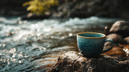 Blue cup of coffee on the background of a mountain river and stonesの写真素材