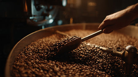 Coffee beans being processed in a coffee roasting machine.の写真素材