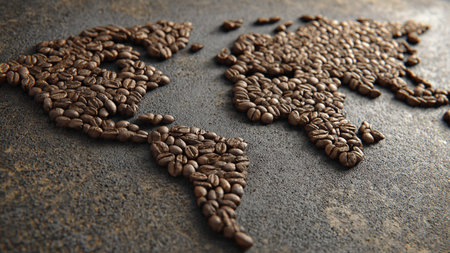Coffee beans on the background of the world map made of coffee beansの写真素材