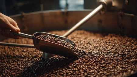 Close-up of a coffee machine pouring ground coffee into a cup