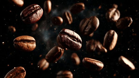 coffee beans flying in the air on a black background, close-up