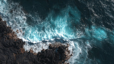 Aerial view of the ocean waves breaking on the rocky coast.